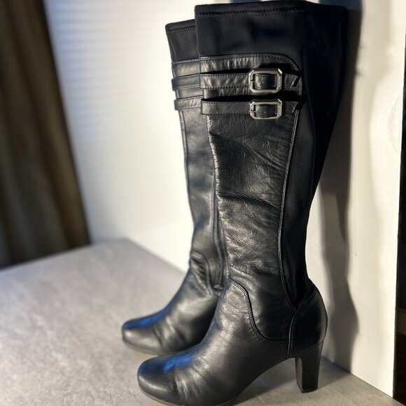 Rockport SZ 10 Black Leather Knee High Heeled Adiprene Comfort Boot Old $ Staple - Picture 3 of 10